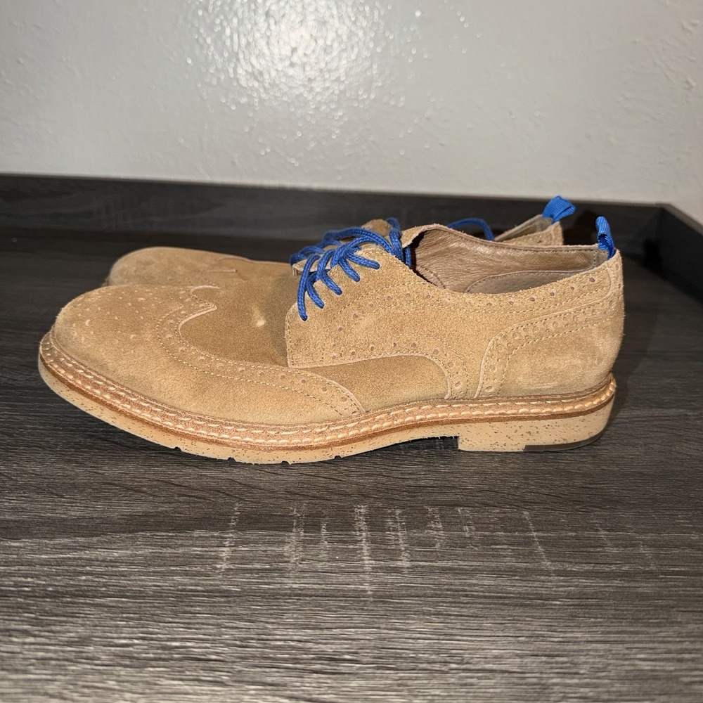 J&M 1850 Men's Tan Suede Wingtip Oxford Dress Shoes US 8.5 Blue Laces